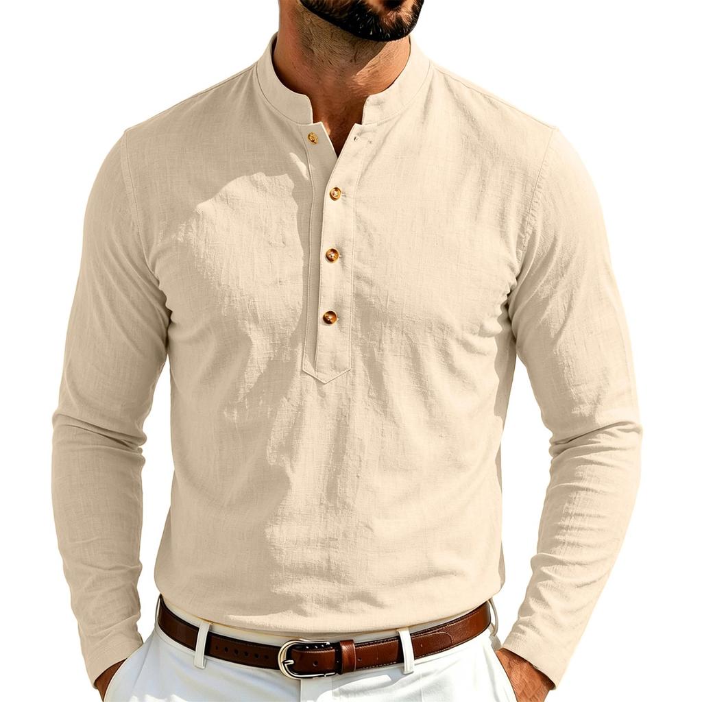 Men's Casual Cotton-Linen Long Sleeve Color Shirt with Stand Collar Loose Fit
