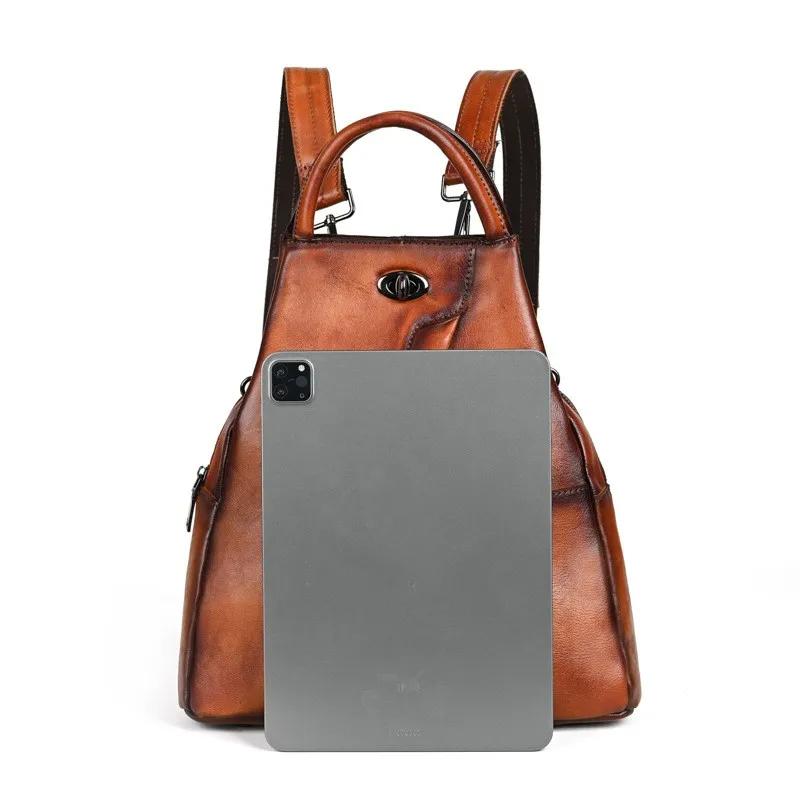 Retro Genuine Leather Women Backpack Travel Bag Leisure Large Capacity Cowhide Solid Color Backbag