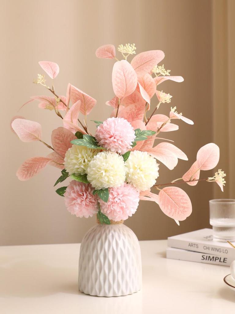 Eucalyptus Ball Chrysanthemum Bouquet in Ceramic Vase - Artificial Dried Flowers for Living Room or Dining Table Decor