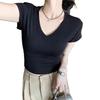 Front shoulder V-neck short-sleeved T-shirt women's summer new Korean pure desire bottoming slim and thin women's black top