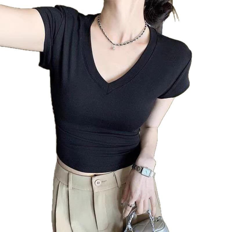 Front shoulder V-neck short-sleeved T-shirt women's summer new Korean pure desire bottoming slim and thin women's black top