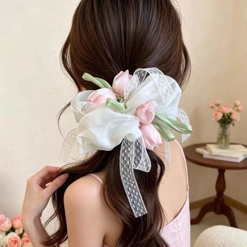 Women's Lightweight Tulip Lace Hair Scrunchies Soft Non Slip Elastic Hair Bands for Office Work Dating Women Hair Styling Decor