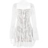 Damen Quadratischer Halsausschnitt Langarm Mini-Kleid Schlanke Passform Hohe Taille Blumenspitze Glockenärmel A-Linie Sexy Rückenfrei Partykleid