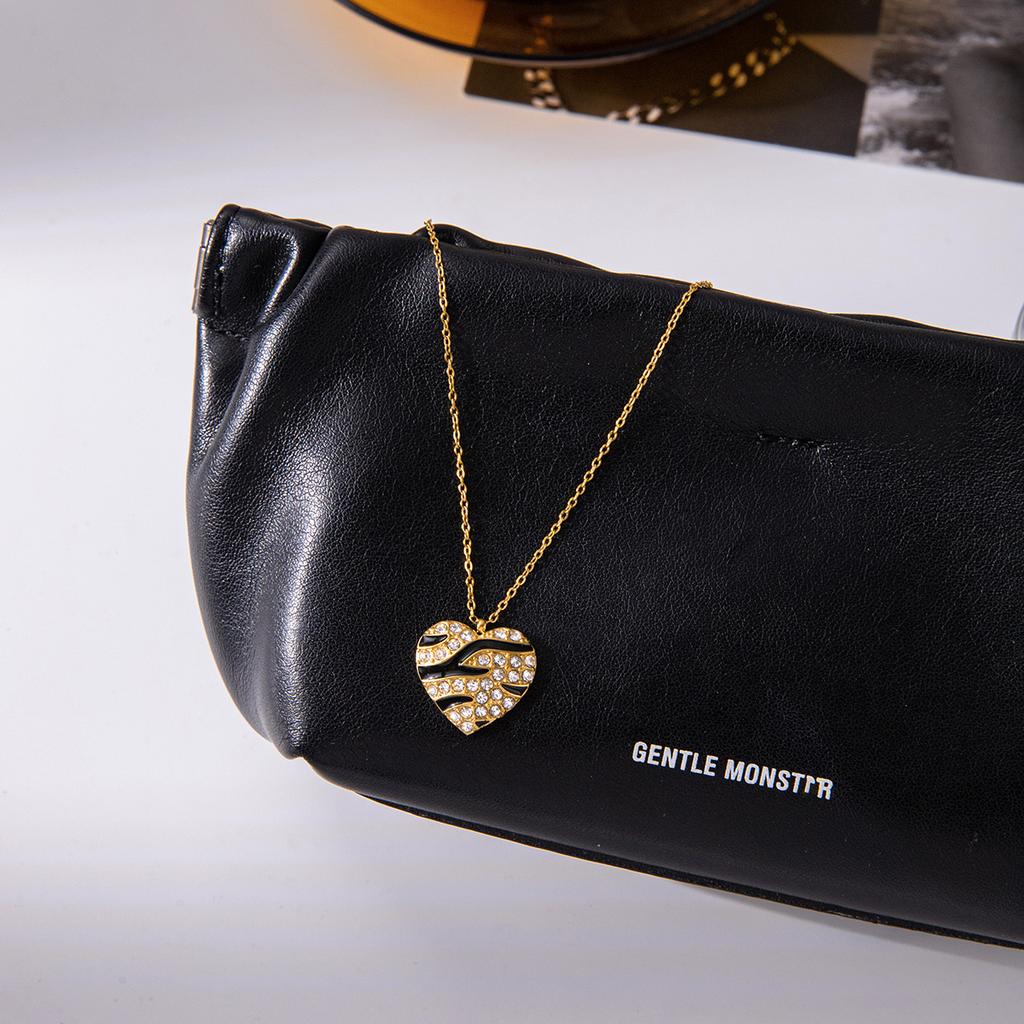 Youthway Black Oil Drip White Crystal Heart Pendant Necklace For Women  Gold Plated Stainless Steel Necklace Fashion Jewelry