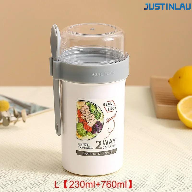  790ml/990ml Salad Oatmeal Cup Breakfast Double Cup Cereal Nut Yogurt Container Set With Dressing Holder Fork