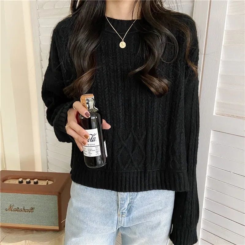 2023Vintage Fried Dough Twists Pulovr svetr pro ženy na podzim a zimu Korejský svetr s volným dlouhým rukávem úplety Top