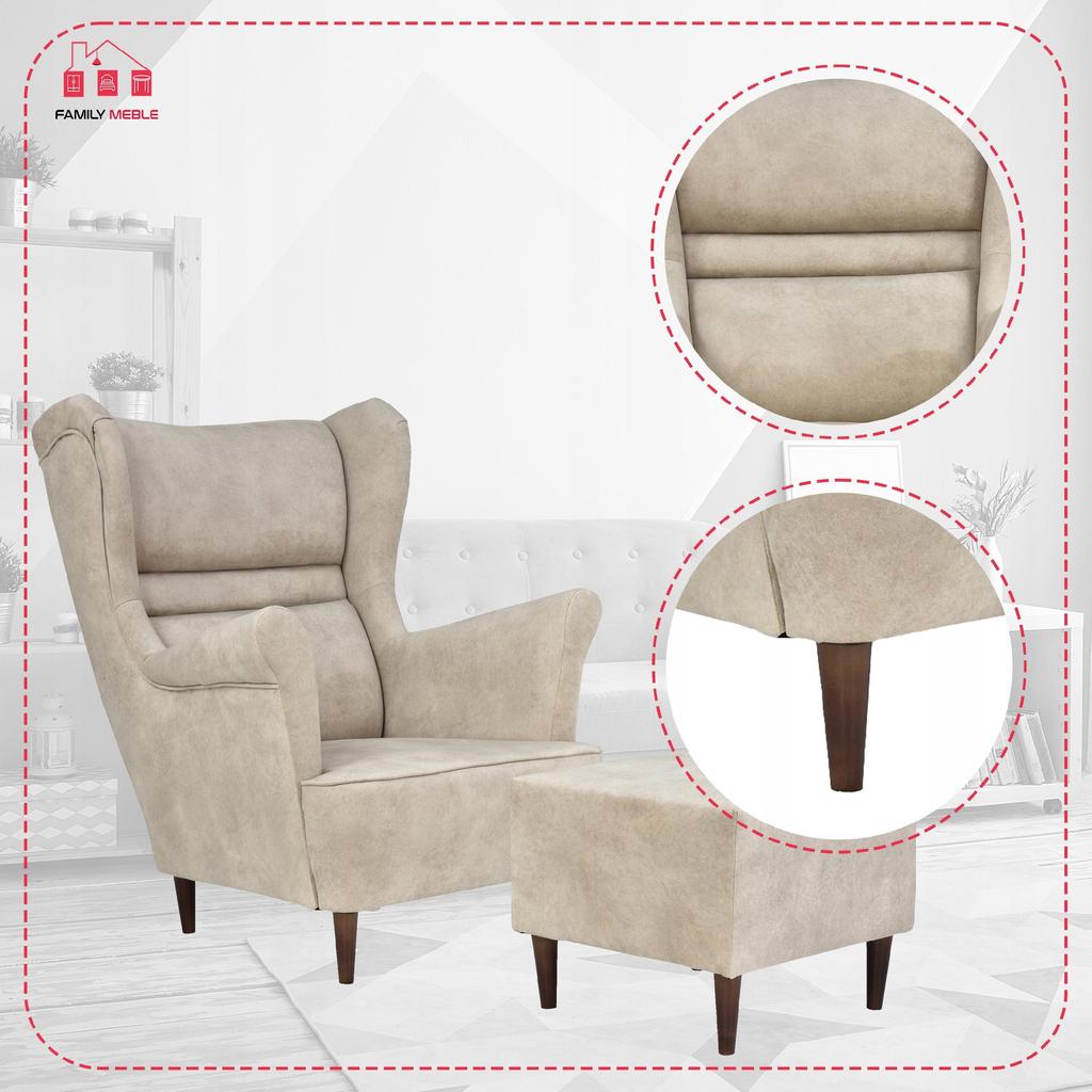 Zoja Wing Chair with Footrest Scandinavian Family Meble Beige Cream