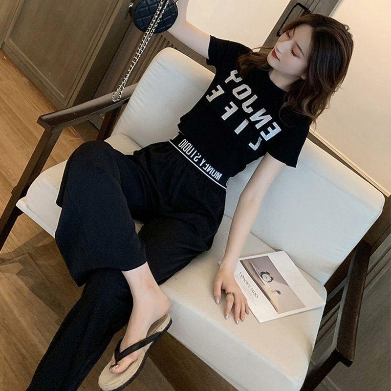 

Женский летний комплект из двух предметов: Топ с коротким рукавом и брюки прямого кроя S