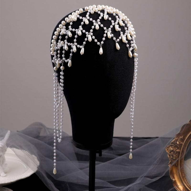Women Hairband Pearls Hair Jewelry Bridal Modern Blingbling Tassels Pearls for Bride Wedding Party Head Chain