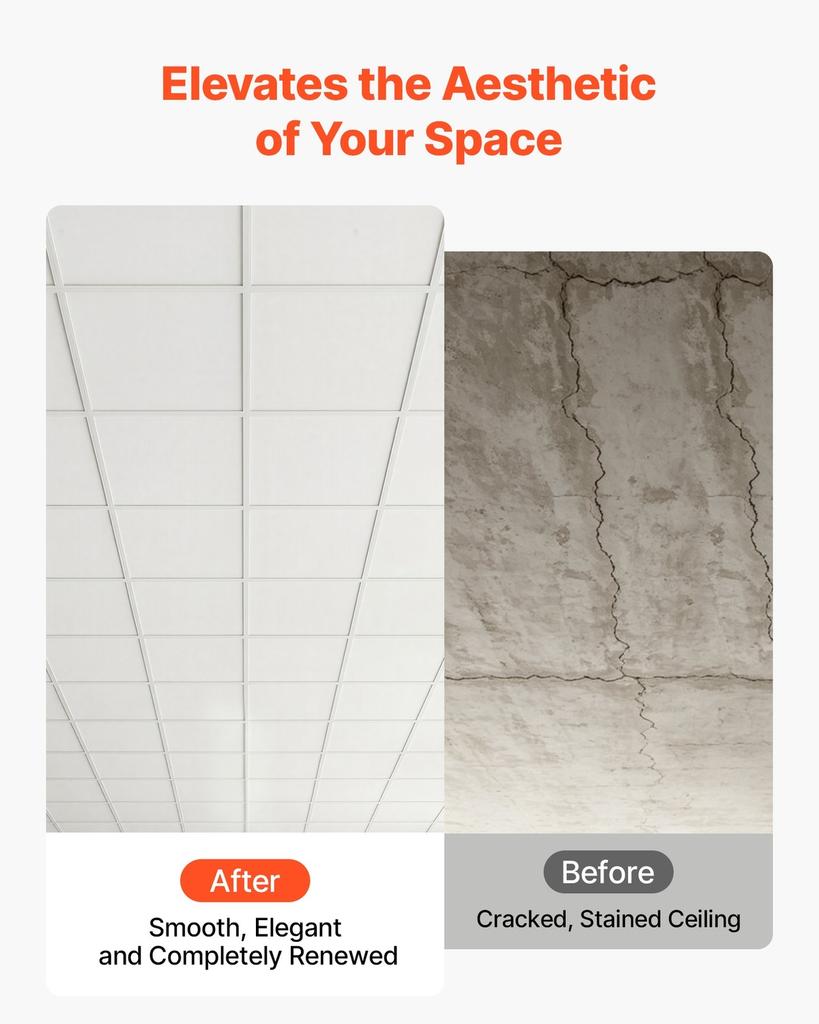605x605mm PVC Ceiling Tiles 12-Pack Drop Ceiling Panels White, PVC Foam Board, Grid Fit, Water-Resistant, Flexible Cut, Easy To Clean, Modern