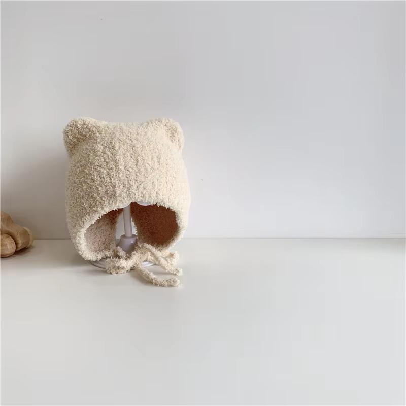 Cute Bear Baby Plush Hat Winter Warm Ear Protection Beanie Cap for Infant Boy Girl Solid Color Cartoon Kids Earmuff Caps Bonnet