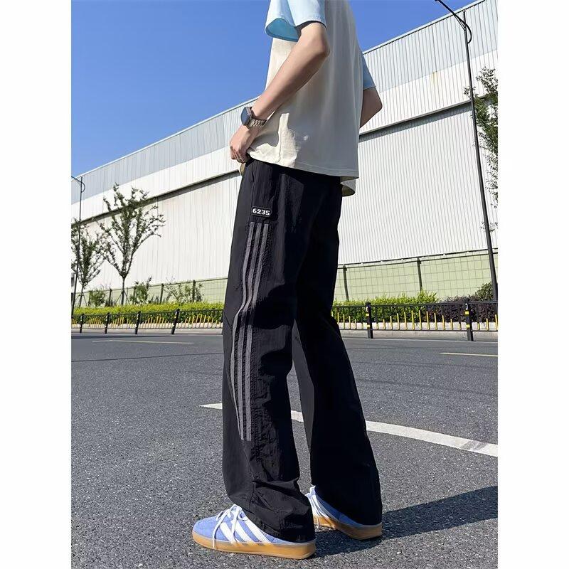 Striped straight-leg pants men's summer thin quick-drying ice silk casual pants loose wide-leg trousers
