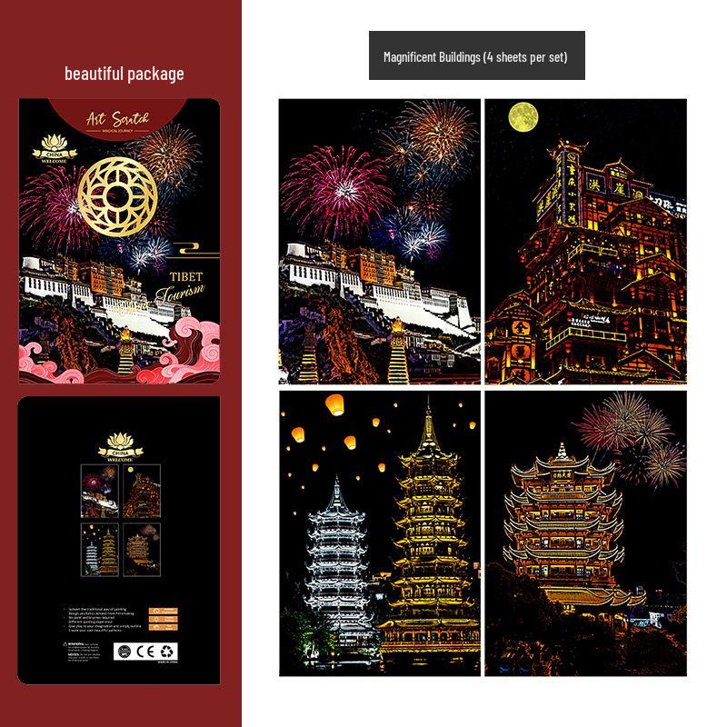 A5 Night View City Scenery DIY Scratch Painting for Kids - Eco-friendly Architecture Art Paper