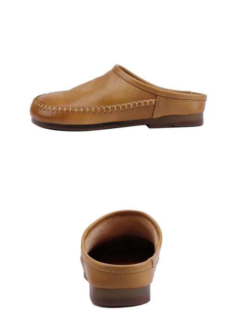 Johnature Retro Soft Soled Women's Slippers Genuine Leather Solid Color Handmade Comfortable Outdoor Slides