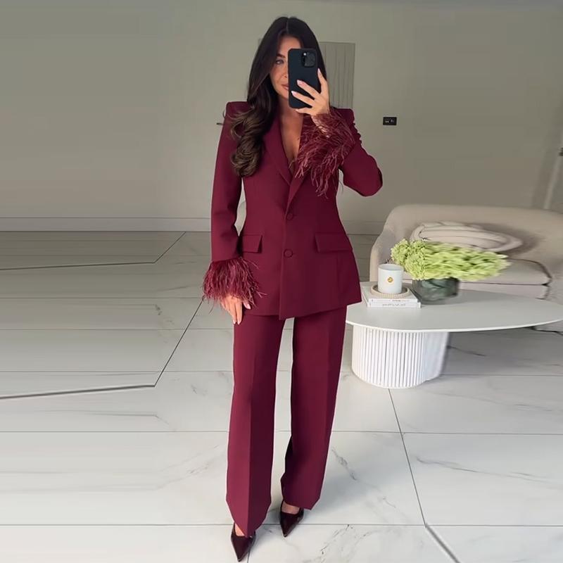 

Fashion OL Wine Red Suit Long Pants Sets for Women Feather Patchwork Sleeve Blazer Jacket High Waist Trousers Lady 2 Pieces Sets M