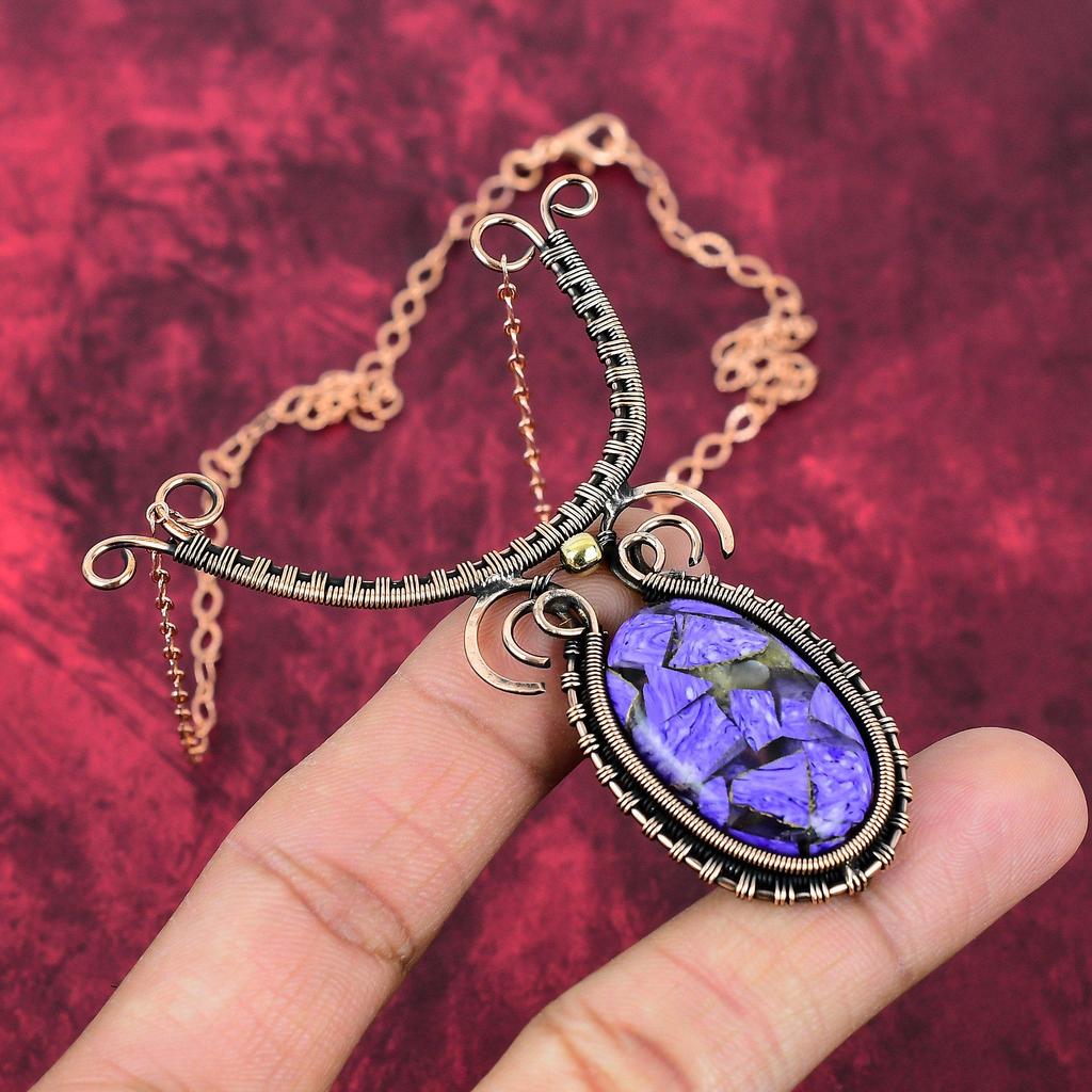 Copper Charoite Necklace Copper Wire Wrapped Necklace Adjustable Chain Necklace Handmade Copper Jewelry Gifts For Mom Latest Design Necklace