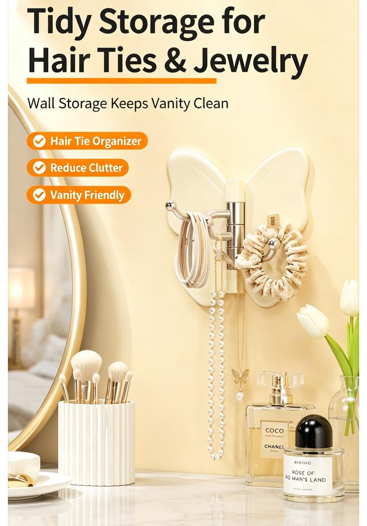 No Drill Butterfly Adhesive Hook, 3 Arms Rotating Hanging Hook, Household Decorative Storage Hanger for Bathroom Closet Kitchen