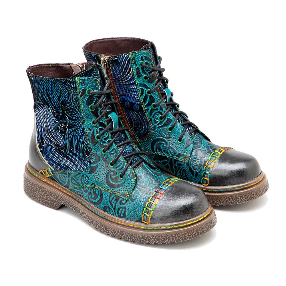 Johnature Genuine Leather Shoes Women Boots Round Toe Retro Handmade Lace-up Sewing Concise Ankle Platform Boots
