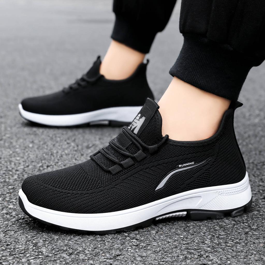 Men's Shoes New Fly-woven Sports Shoes Shallow Mouth Breathable Running Shoes Thick Sole Comfortable Single Shoes Soft Sole Comfortable Mesh Shoes