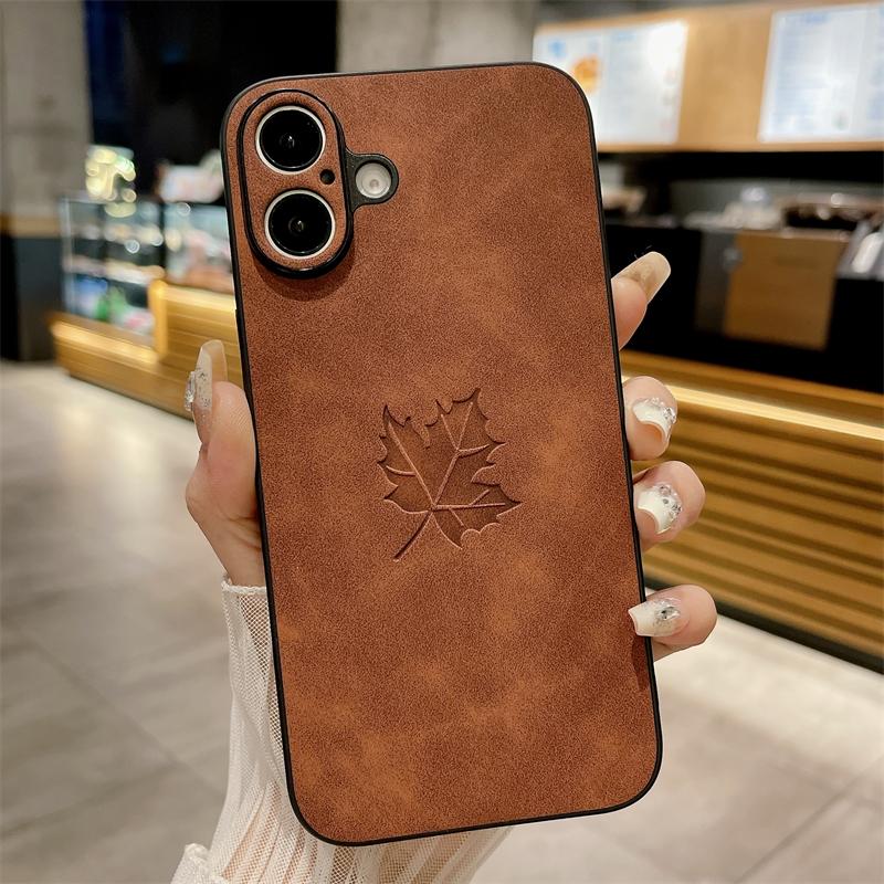 Slim Lambskin Leather Maple Leaves Pattern Phone Case for iphone 16E 11 12 13 14 15 16 Pro Max 15 16 Plus Soft Bumper Back Cover