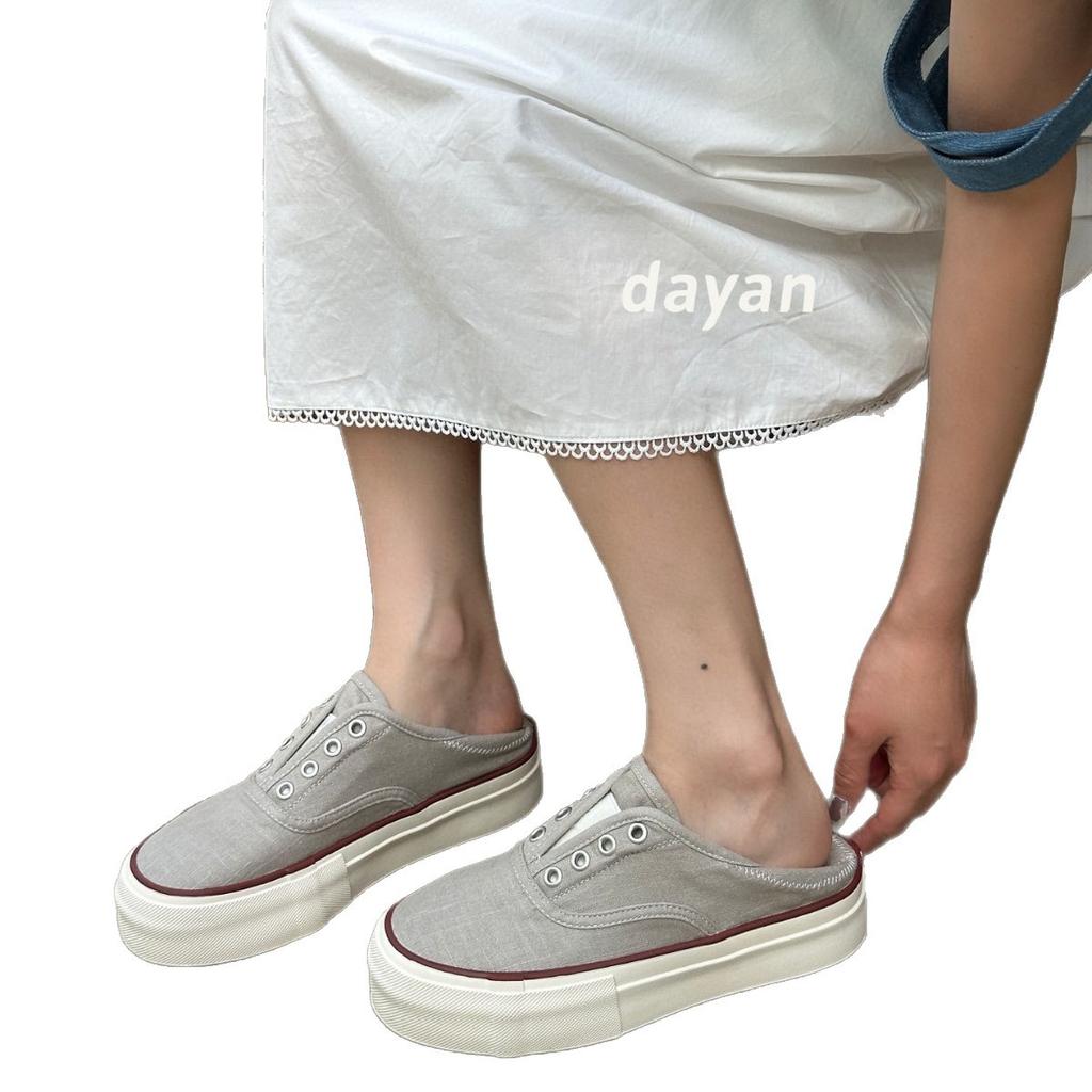 European boutique autumn breathable linen one-pedal lazy shoes thick-soled low-top canvas shoes fashionable casual little white shoes