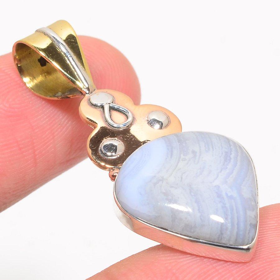 Pendentif en argent sterling 925 massif bicolore en agate bleue naturelle 4,4 cm O5N58