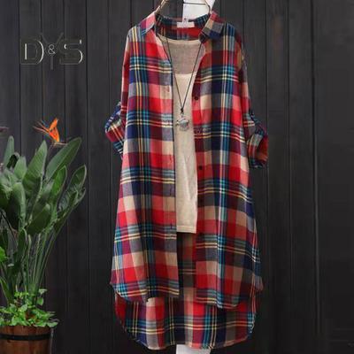 Women Long Coat Lapel Long Sleeve Buttons Placket Shirt Coat Plaid Print Open Front Cardigan Loose Fit Fall Outfit