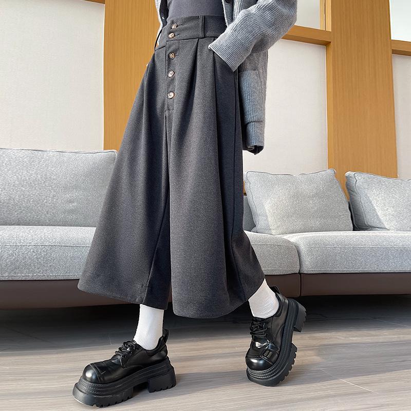 

High-Waisted Woolen Pleated Eight-Point Wide-Leg Pants for Women 3X-Large темно-сірий