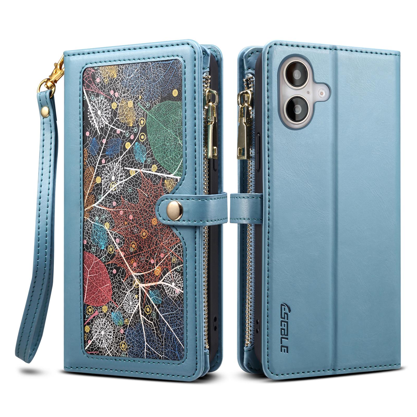 

ESEBLE Galaxy Series For iPhone 16 Plus Case RFID Blocking Zipper Wallet Leather Phone Cover Blue