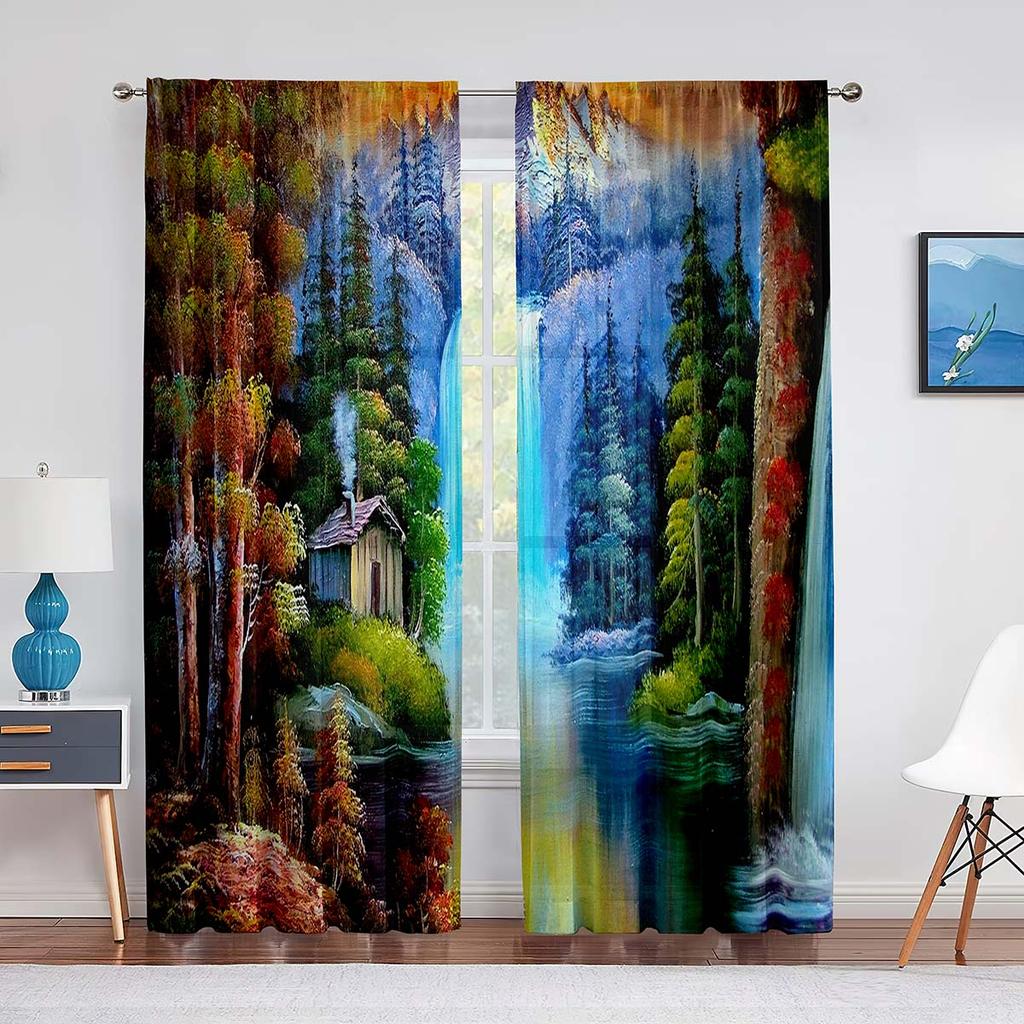 Pictură Artă Râu Pădure de Munte Perdele Tulle pentru Decor Living Dormitor Șifon Transparent Voal Pur Cortină de Fereastră