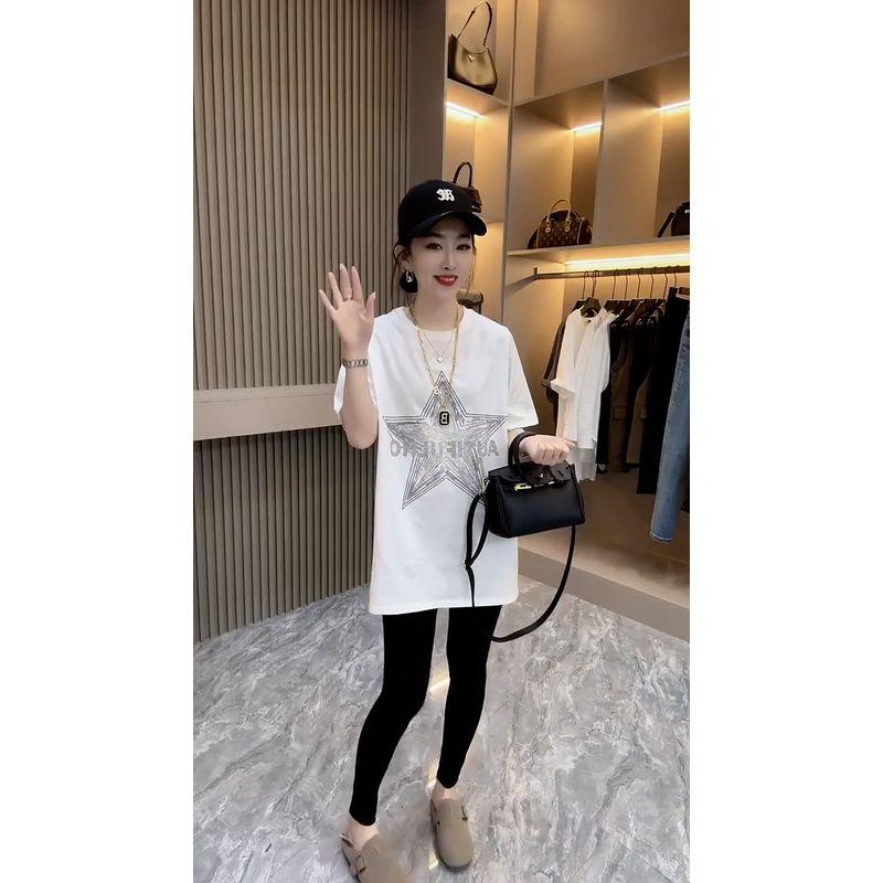 

European Station Five-Pointed Star Short Sleeve Loose Mid Length Long Length Hot Drilling White L