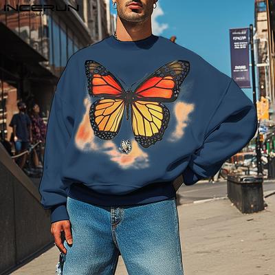 Men Casual Eound Neck Long Sleeve Print Pullovers Sweatshirts