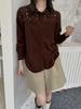 Women's 100% Pure Wool Knit Cardigan - Autumn/Winter French Sweetheart Polo Collar with Lace Patchwork Hollow Out Design