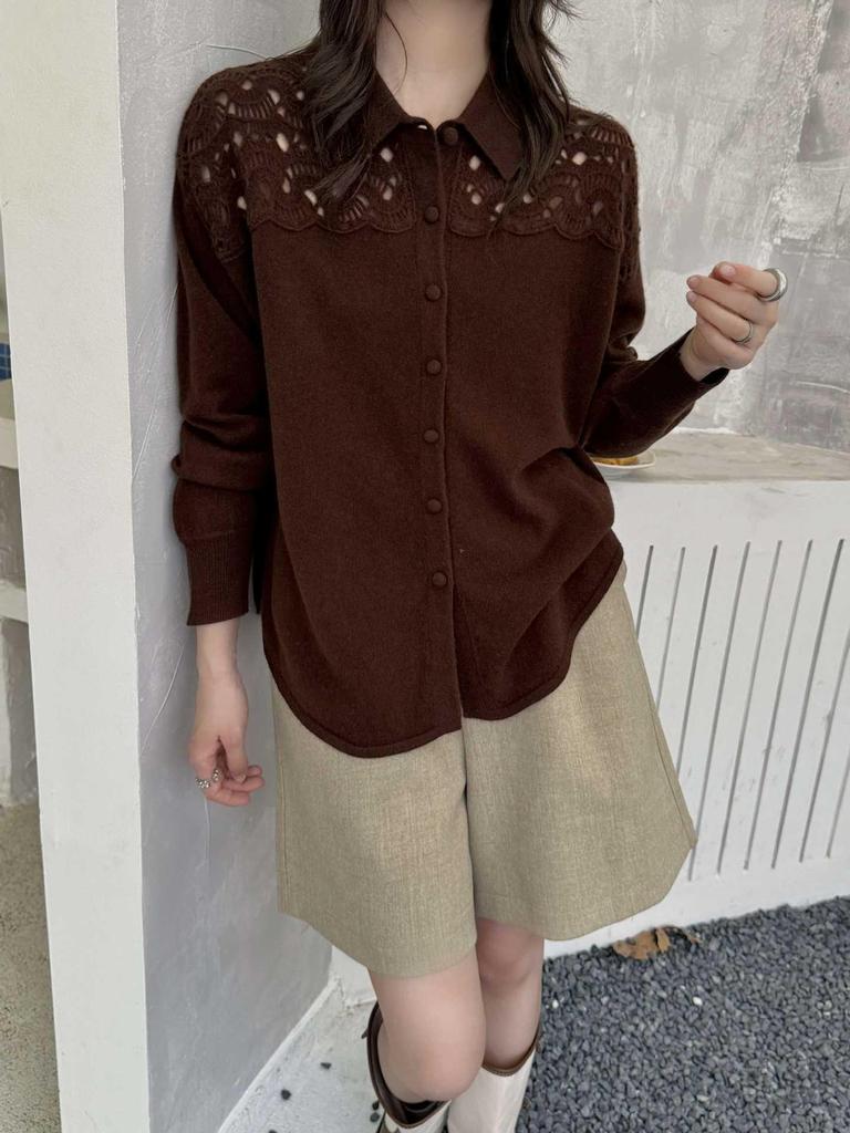 Women's 100% Pure Wool Knit Cardigan - Autumn/Winter French Sweetheart Polo Collar with Lace Patchwork Hollow Out Design
