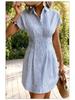 2026 Women's Blue Striped Short-Sleeve Mid-Length Shirt Dress
