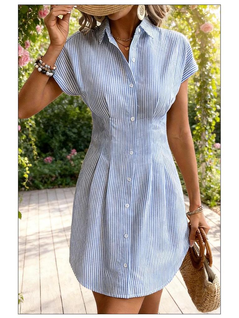 2026 Women's Blue Striped Short-Sleeve Mid-Length Shirt Dress