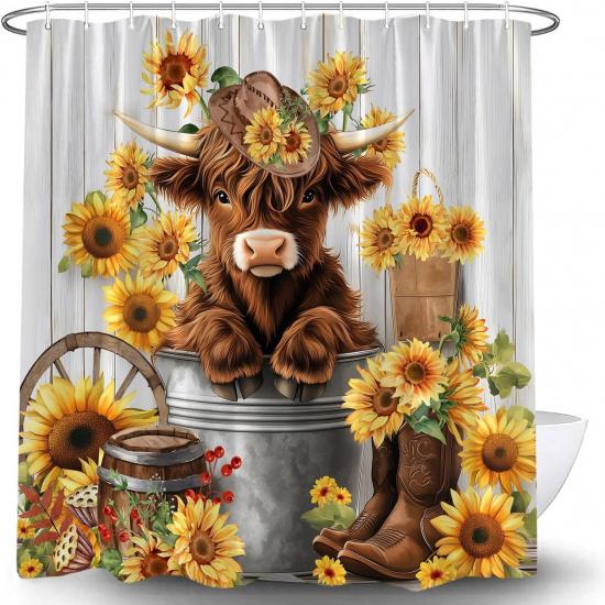 Cute Highland Cow Shower Curtain Farmhouse Rustic Sunflower Cattle Wooden Western Cowboy Shoes Funny Bull In Bucket Floral Country Fabric Bathroom