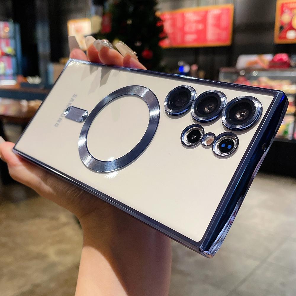 Plating Magnetic Transparent Case For Samsung S25 S24 Ultra S23 Plus S22 S21 FE Note 20 Wireless Charge Lens Protection Cover