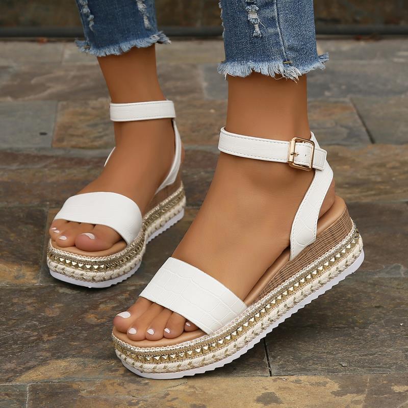 Spring Summer 2025 Women's Plus Size Hemp Rope Sole Muffin Platform Women's Sandals Buckle Wedge Heel Fish Beak Women's Sandals