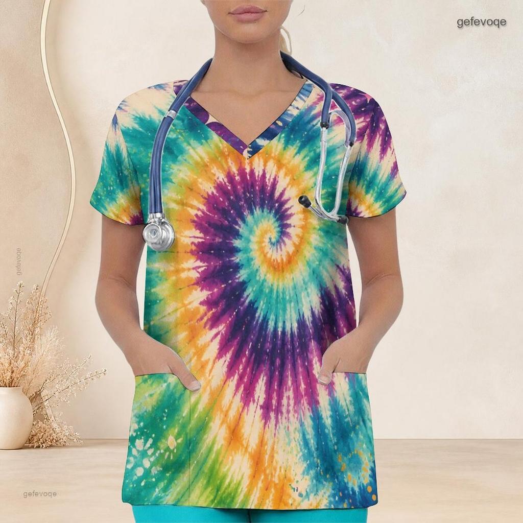 Women Plus Size Tie Dye Printed V Neck Short Sleeve Scrub Top With Front Pockets