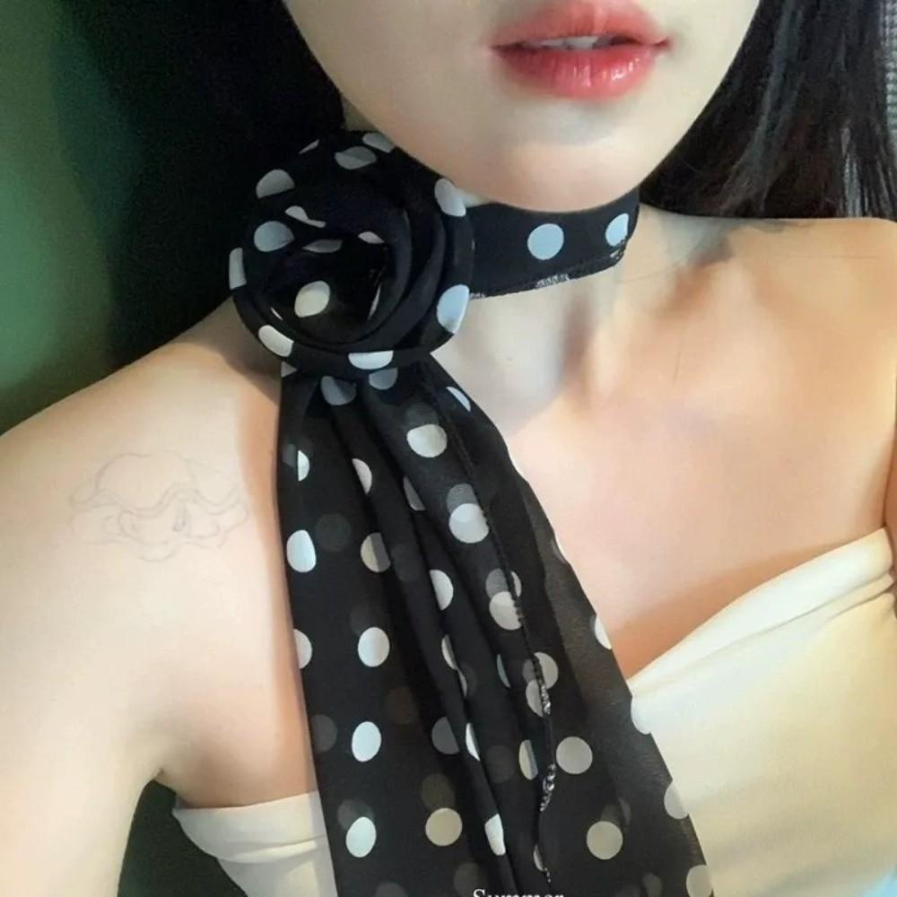 New Detachable Chiffon Long Scarf Versatile Thin Elegant Neck Scarves Polka Dots Sunscreen Hijabs Women Girls Gifts
