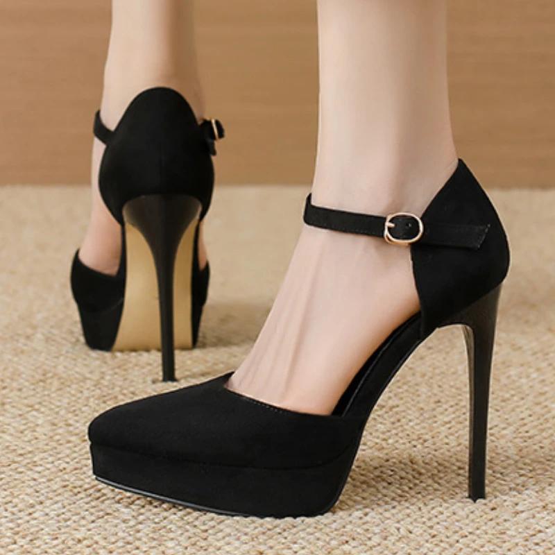Fashion New Pointed Toe Platform Women Sandals Flock Buckle Strap Stripper Party Thin High Heel Shoes Sexy Female Pumps Zapatos De Mujer