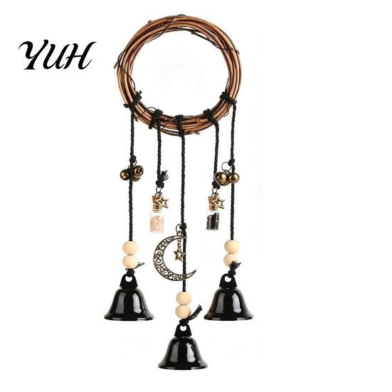 Whimsical Hanging Decor for Balcony 2PCS Witch Bells Door Knob, Bell Wind Chime with Moon Artistic Gift Birthday Star Charms, Handmade Rattan