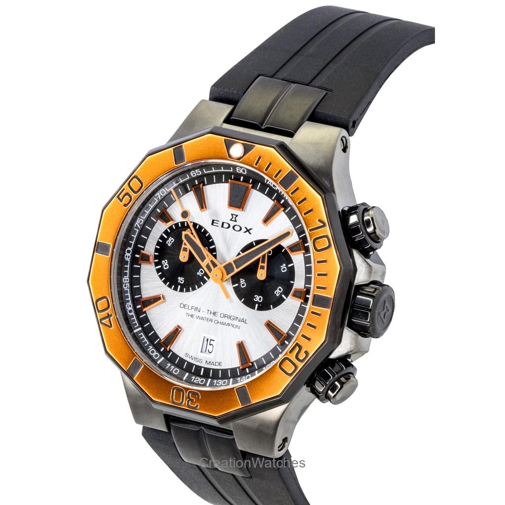 Edox Delfin The Original Chronograph Rubber Strap Silver Dial Quartz Diver's 10112-37GNOCA-ANO 200M Men's Watch