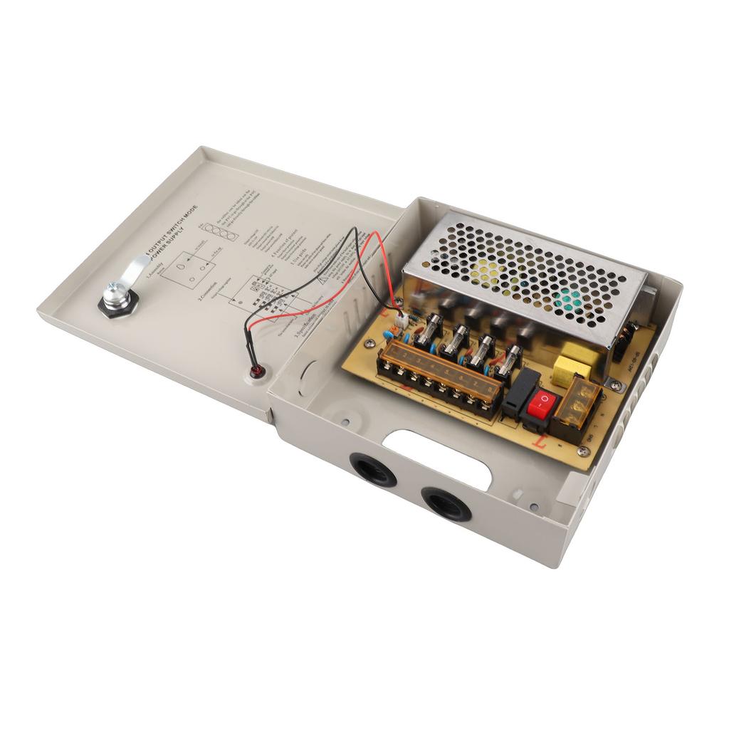 Scatola di Alimentazione CCTV Distribuzione Elettrica Scatola di Giunzione 12V 4 Canali Fusibile 5A 110V 220V Con Scatola Metallica Spina AC Serratura