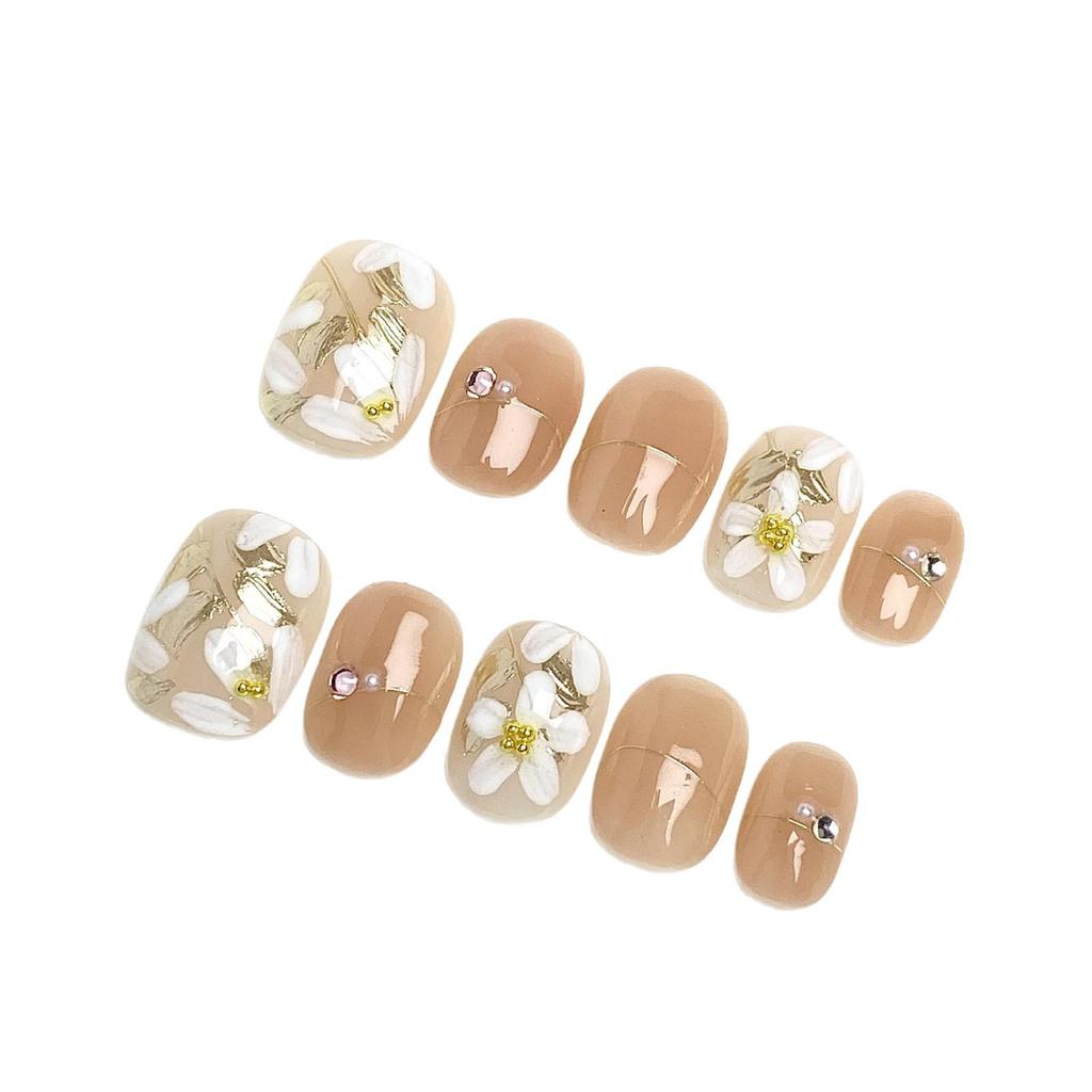 Pure Handmade Floral Nail Art: Hand-Painted Flowers, Mirror Powder, Diamond Accents, Cute High-Grade Textured Nails