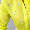 Women Shirt Lapel Long Sleeve Single Breasted Shirt Three-Dimensional Tops Solid Color Rhinestones Flowers Decor Shirt