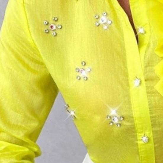 Women Shirt Lapel Long Sleeve Single Breasted Shirt Three-Dimensional Tops Solid Color Rhinestones Flowers Decor Shirt
