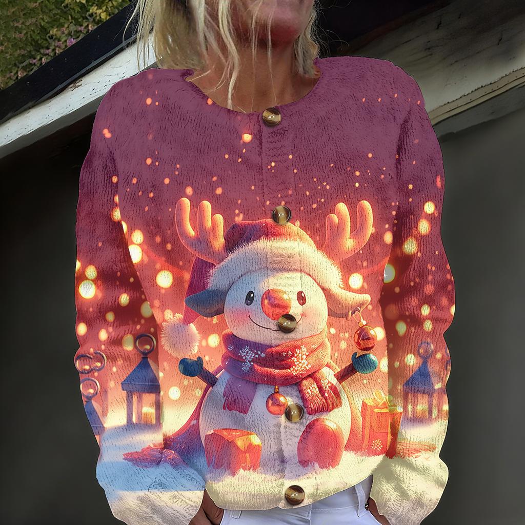 Women's Fashion Christmas Printed Long Sleeve Knitted Cardigan Button Down Jacket