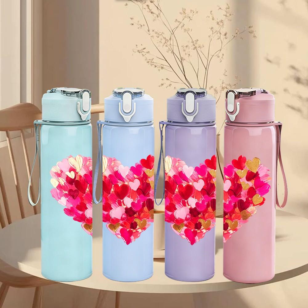 1PC Red Glitter Heart Love Art Print 750ml Color Plastic Sports Water Bottle Leakproof Flip Straw Lid Suitable for Sports Office Home Use
